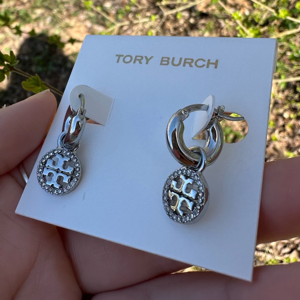 TORY BURCH MILLER PAVE MONOGRAM CHARM HUGGIE EARRINGS SILVER DETACHABLE NEW